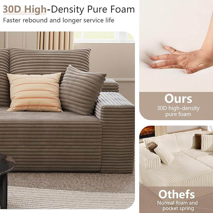 135.4 Cloud Sectional Couch with L-Shape Chaise Modern Corduroy Boneless Deep Seat Sofa 4-Seater Modular Sleeper Couch for Living Room Bedroom Apartment No Assembly (Camel Right-Facing Chaise)