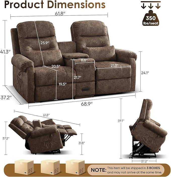 SAMERY Loveseat Recliner Sofa Power Lift Recliner for Elderly with Massage and Heat Electric Reclining Loveseat Sofa Couch with Console Cup Holder Outlets USB Drawer (Brown Lift Loveseat) | Eas