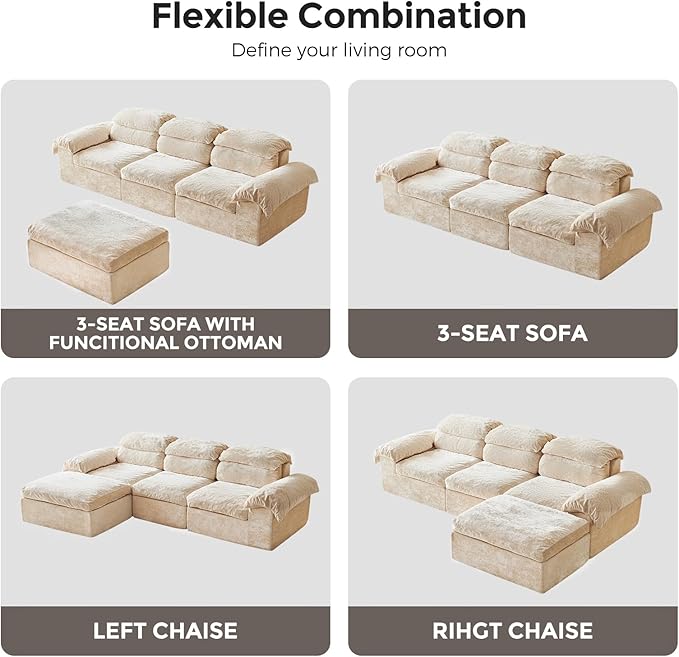 115.7 L Shaped Modular Sectional Sofa with Ottoman Cloud Boneless Couch Upholstered Sofa in a Box Flexible Module Combination for Living Room No Assembly Beige