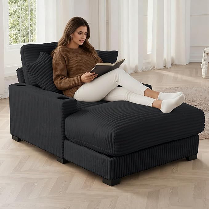 41 Chaise Lounge Indoor Comfy Reading Chair with 2 PillowsUSB Charger Cup Holder Adjustable Backrest Corduroy Sofa Bed Lazy Chair Sleeper Couch Small Couch for Apartment Black