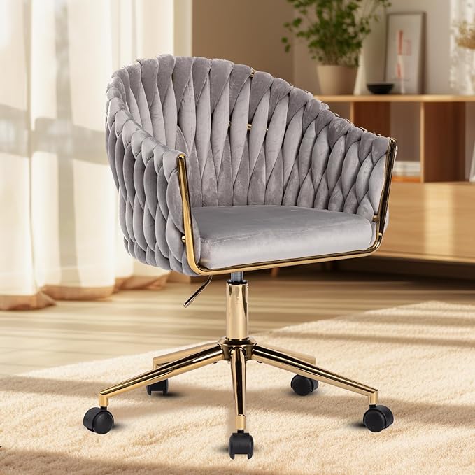 Velvet Office Chair with Hand Woven Back Vanity Desk Chairs with Golden Wheels Swivel Home Office Desk Chair Accent Makeup Desk Chair for Bedroom Living Room(Grey)