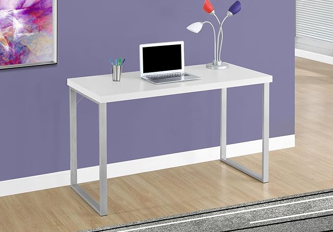 Contemporary 48 L White Laminate Computer Desk with Grey Metal Frame - Modern Home Office Workstation