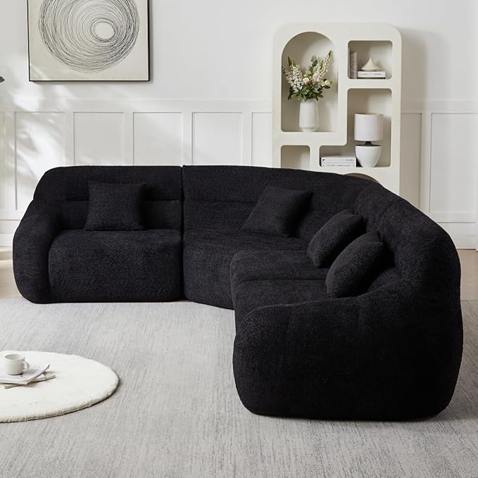 123 L-Shaped Corner Sectional Sofa with Curved Edge Modern Chenille Modular Cloud Couch High Back Oversized 4-Seater with 4 Pillows No Assembly Required Black