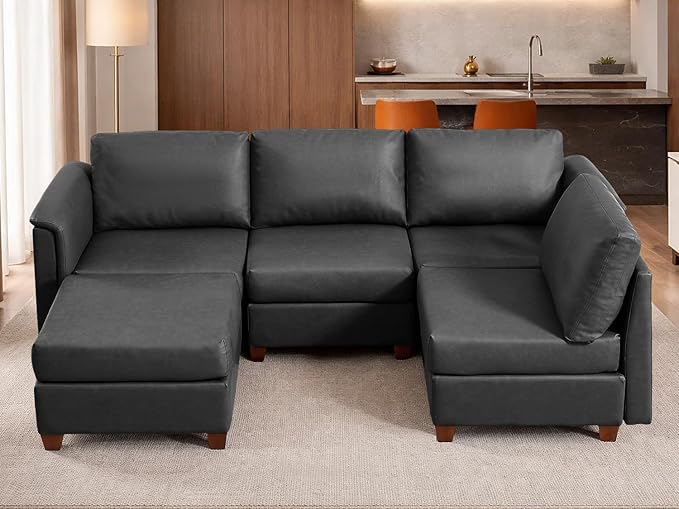 U Shaped Modular Sectional Sofa Cloud Couch with Storage Faux Leather Sectional Couch for Living Room Furniture Apartment(5 Seats Black)