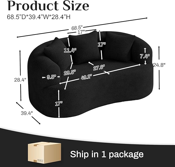 68.5 Loveseat Sofa for Living Room Modern Luxury Plush Chenille Extra Deep Seat Curved Cloud Floor Couch with 3 Throw Pillows for Small Spaces No Assembly Needed Black