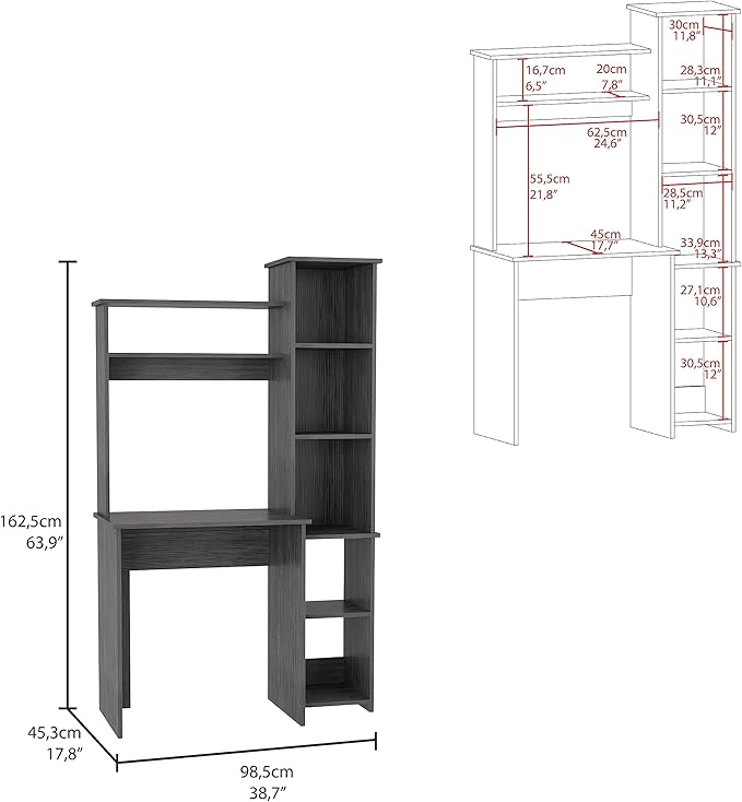 Versalles Smokey Oak Writing Desk with 2 Shelves &amp 5 Cubbies - Compact Home Office Solution