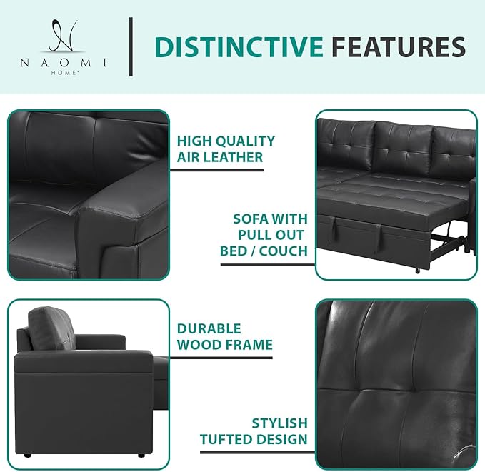 Naomi Home L-Shaped Reversible Sectional Sofa with Pull-Out Sleeper Bed and Storage Chaise Black Air Leather