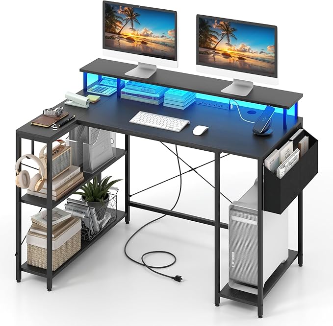 Tangkula L-Shaped Gaming Desk with LED Lights &amp Power Outlets 48 Computer Desk with Storage Shelves &amp Monitor Stand Corner Gaming Desk with Metal Frame Home Office Desk (Black)