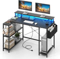 L-Shaped Gaming Desk with LED Lights &amp Power Outlets 48 Computer Table with Storage Shelves Monitor Stand Home Office Desk with Metal Frame Rustic Brown/Black (Black)