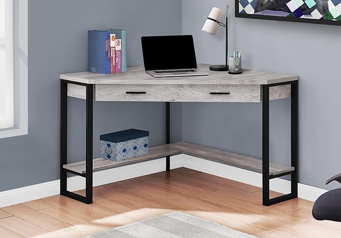 Pemberly Row Corner Computer Desk 42 in Reclaimed Wood Gray and Black Finish Metal Frame 1 Drawer and Bottom Shelf Traditional Style Home Office Writing Desk for Laptop/Tablet Workstation Use