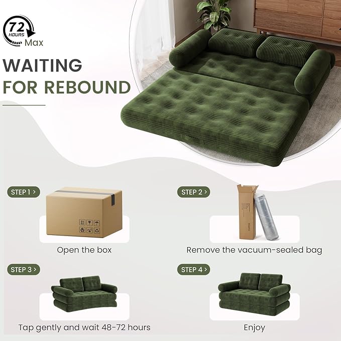 59 Convertible Sofa Bed 5-in-1 Folding Loveseat Sleeper Chair with Pillows Removable Armrests Fold Out Boneless Couch Futon Floor Mattress Lounge for Apartment Dorm Living Room - Green Full