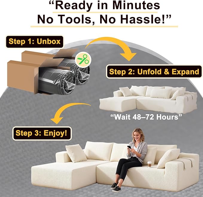 Moliy 108 Modular Chenille Sectional Couch - L Shaped Cloud Comfy Deep Seat Sectional Couches for Living Room No Assembly Required Sofas for Living Room （Beige）