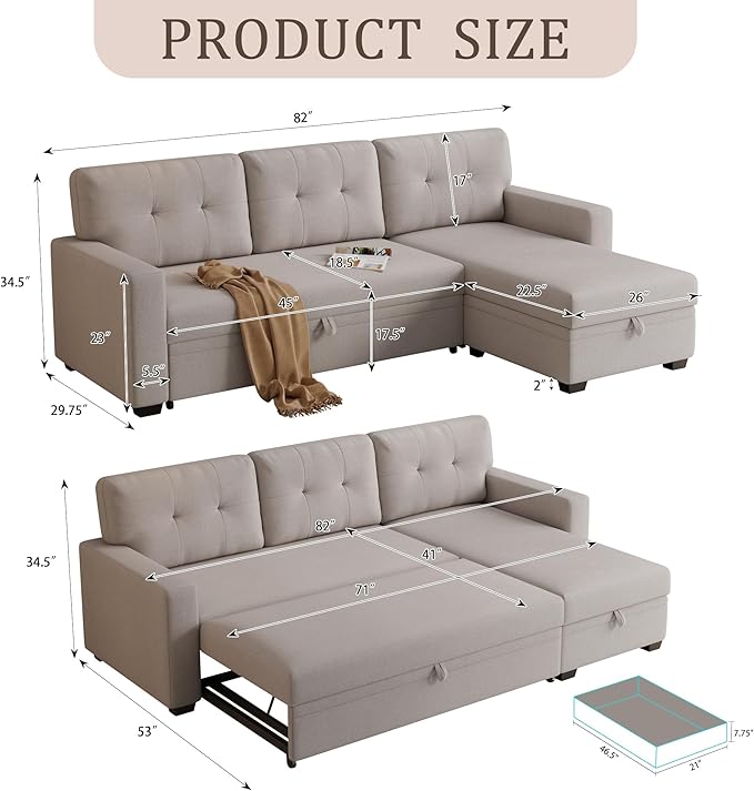 82 L-Shape Convertible Sleeper Sectional Sofa with Storage Chaise and Pull-Out BedModular Corner Couch Loungew/Removable 3 Back Cushions &amp Armrestfor Home FurnitureBeige