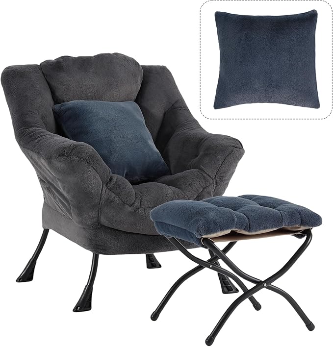 Lazy Chair with Ottoman Large Blue Gray Accent Chair with Ottoman and FA Throw Pillow Comfy Plush Reading Chair for Living Room Bedroom Dorm Room Office Apartment Relaxing Use