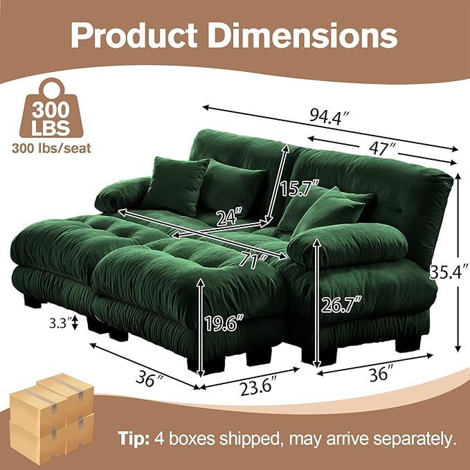 94.4 Modular Sectional Sofa Cloud Couch Chenille Deep Seat Loveseat w/ 2 Movable Ottoman U Shaped 2 Seater Small Couches for Small Spaces Sectional Couches for Living Room Apartment (Green)