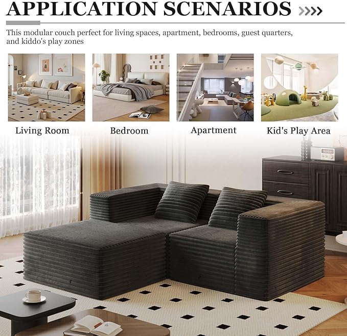 78” Cloud Loveseat Sofa with 2 Cushions Boneless Couches for Living Room Bedroom Small Space Corduroy Sofa in a Box Compressed Memory Foam No Assembly (Grey 78” L-Shaped)