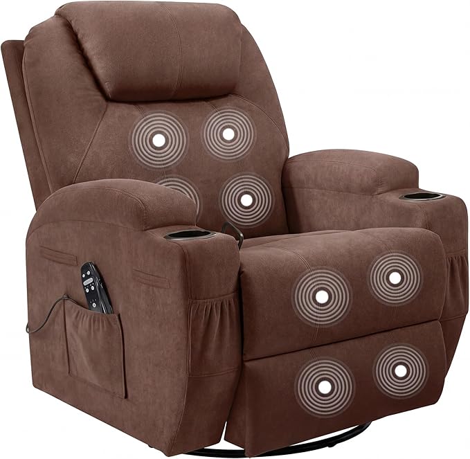 Flamaker Swivel Rocker Recliner for Adults 360 Glider Rocking Chair with Vibration Massage Upholstered Recliner Chair with 2 Cup Holders &amp Side Pockets for Living Room Nursery (Leathaire Brown