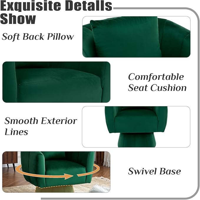Swivel Accent Chair Set of 2 Modern 360°Swivel Barrel ChairComfy Velvet Fabric Living Room Chair with Fluffy CushionsUpholstered Armchair for Living RoomBedroomLounge (Green)