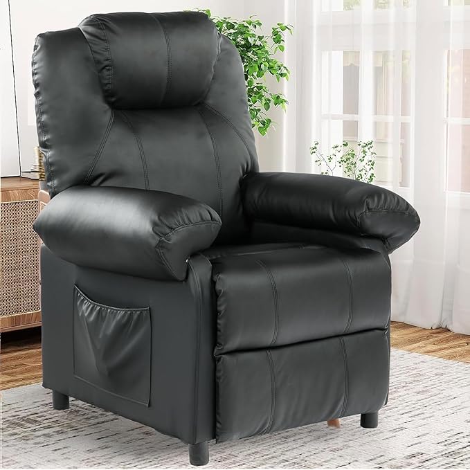 KCREAM Faux Leather Recliner Chair with Massage and Heat Mid Century Overstuffed Manual Reclining Chair Massaging Push Back Recliner Chair Single Sofa for Living Room Black
