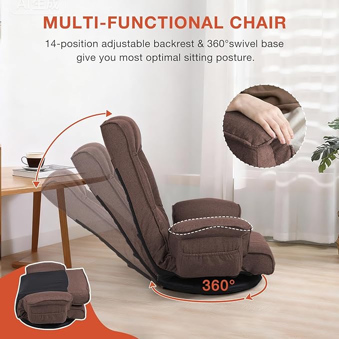 Ergonomic Swivel Floor Gaming Chair with Armrests &amp Side Pockets 6-Position Reclining Sofa Bed Foldable Padded Lounger with Thick Cushion &amp Lumbar Support for Esports Reading TV Watching (