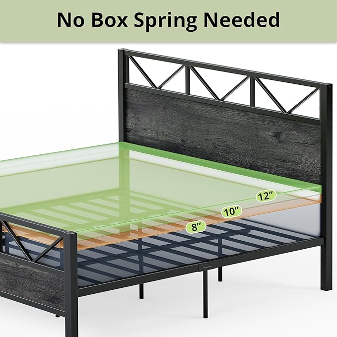LIKIMIO King Bed Frame Tall Industrial Headboard 51.2  Platform Bed Frame with Strong Metal Support Solid and Stable Noise Free No Box Spring Needed Easy Assembly Charcoal Grey