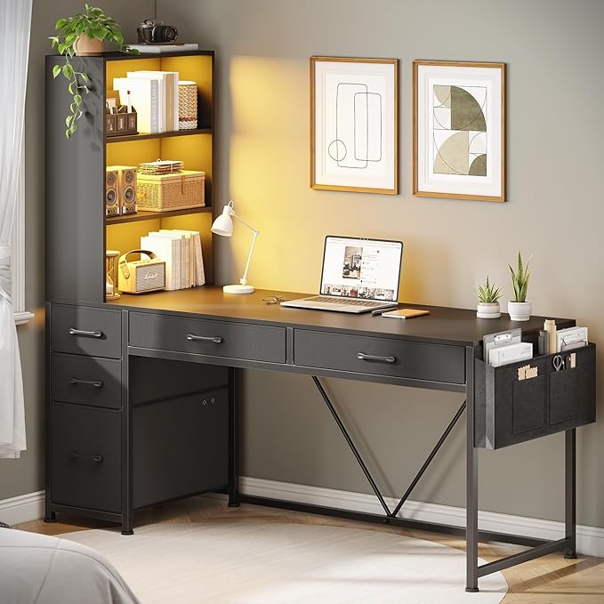 SEDETA Computer Gaming Desk with 5 Drawers and Bookshelf Reversible Home Office Desk with Storage Shelves and File Drawer Corner Desk with LED Lights for Small Spaces Black