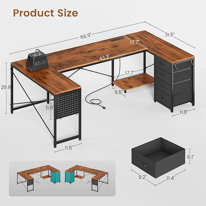 L Shaped Desk 67 Reversible Computer Desk with 4 Fabric Drawers and Power Outlet Corner U Shaped Desk with Shelf and Pegboard for Home Office Rustic Brown