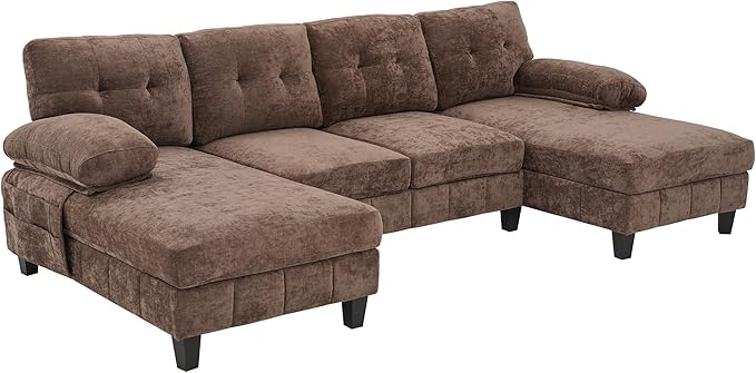 103.5 U-Shaped Sectional Sofa Modern Chenille Fabric Couch with Dual Chaise Lounges Side Storage Pockets and Armrest Pillows for Living Room (Brown//16)