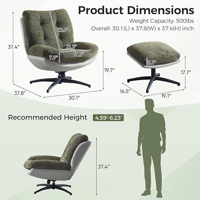 Chenille Rocking Swivel Accent Chair Set of 2 with Ottoman 360° Oversized Metal Base Swivel Rocker Accent Chair Reclining Lounge Chair Ergonomic Armchair for Living RoomBedroomOfficeGreen