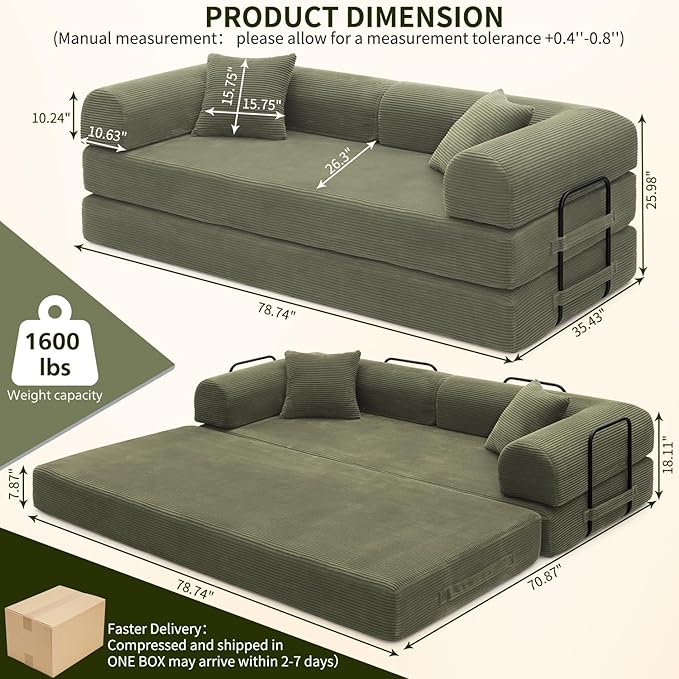 Convertible Sleeper Sofa Bed 1600lbs Weight Capacity Floor Sofa Bed with Fixed-Shape Frame Corduroy Foldable Couch for Small Space Lounge Mattress for Living Room Apartment Game Room (Green)