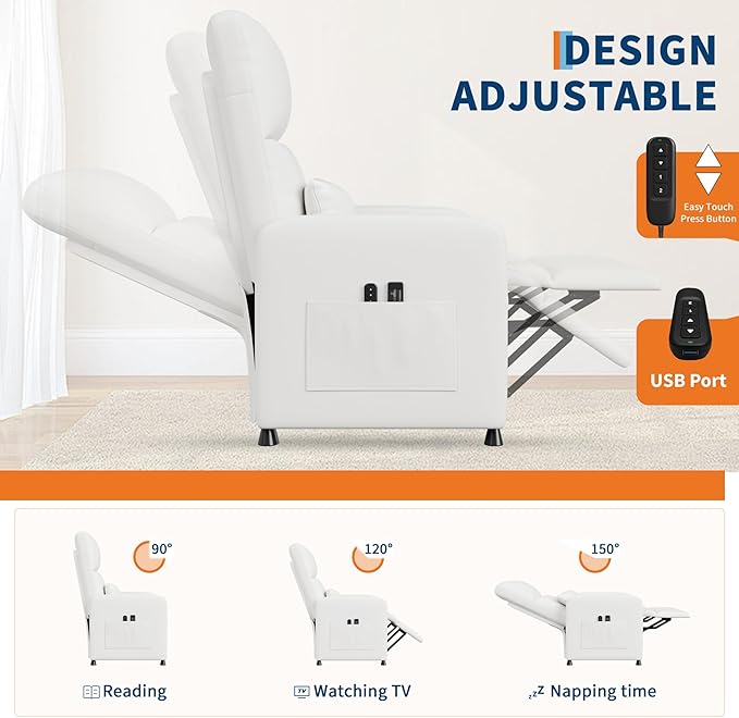 GarveeHome Power Recliner Chair with Massage and Heat Adjustable Electric Recliner Ergonomic Overstuffed PU Leather Single Sofa 2 Side Pockets and USB Port Home Theater Seating for Living Room