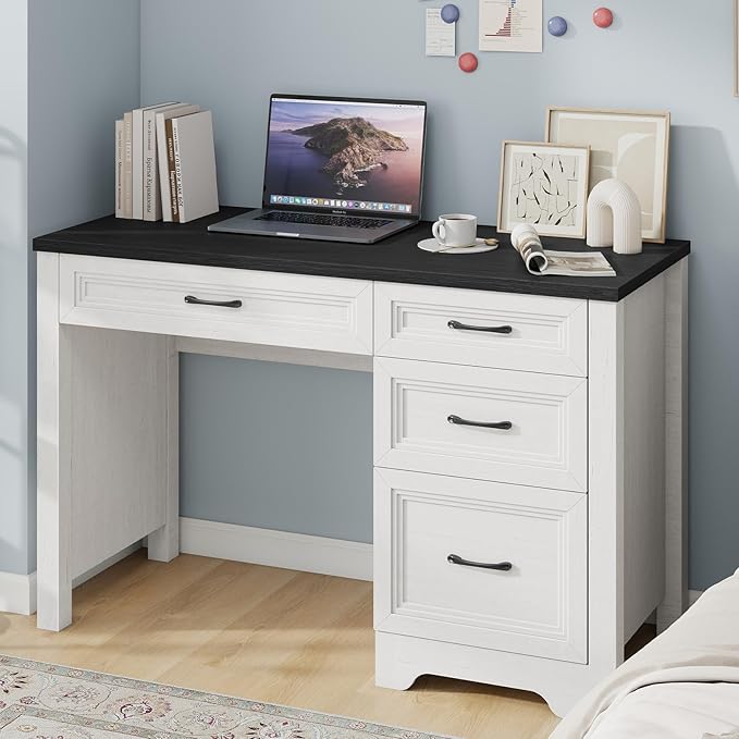Farmhouse Executive Desk with Drawers Wood Computer Desk with Ample File Drawer Rustic Home Office Desk with Storage for Bedroom Living Room Black