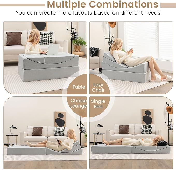Giantex Convertible Folding Sofa Bed 4-in-1 Floor Futon Sleeper Chair with High-Density Foam Removable &amp Washable Linen Fabric Cover Foldable Single Couch Bed for Living Room Guest Use Road T