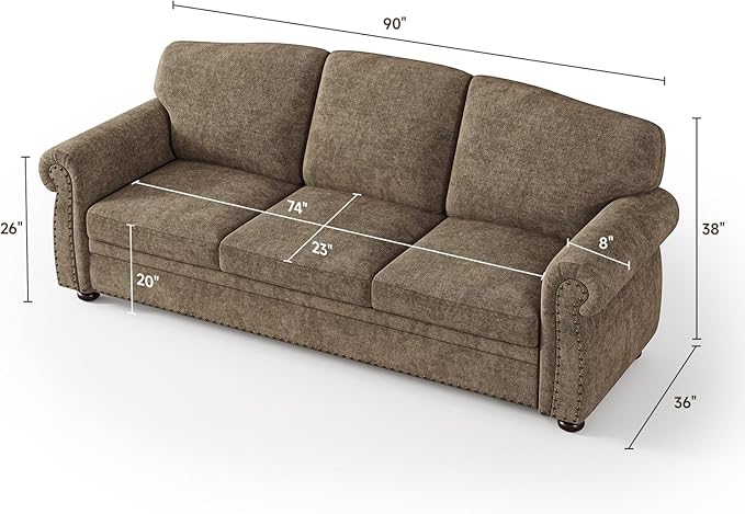 ONBRILL 90 Inch Rolled Arm Sofa for Living Room Deep Seat Nailhead Trim Couch Comfy 3 Seater Chenille Couch w/Wooden Leg Springs Seat Cushion Large Traditional Sofa for Farmhouse Brown
