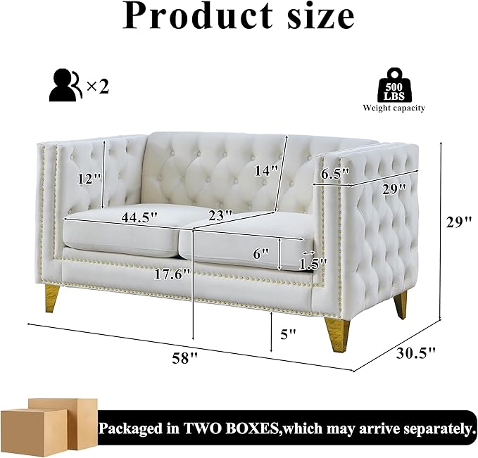 58 Chesterfield Velvet 2-Seater Sofa for Living RoomLoveseat Tufted Couch with Rolled Arms Nailhead and Two Pillows for Living RoomBeige