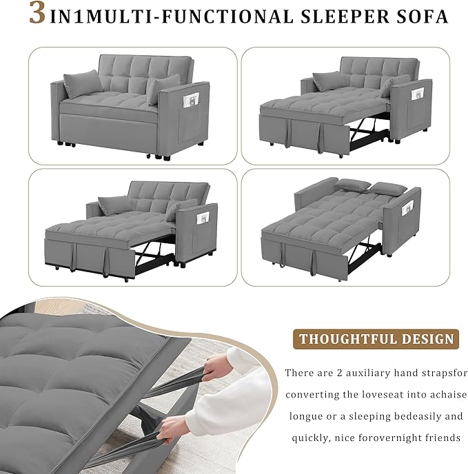 Sleeper Sofa Bed55 Inch Convertible 3-in-1 Pull Out Bed with Side Pockets Velvet Fabric Loveseat Sleeper Sofa with Adjustable Backrest for Living RoomBedroomApartment and Small Space(Grey)