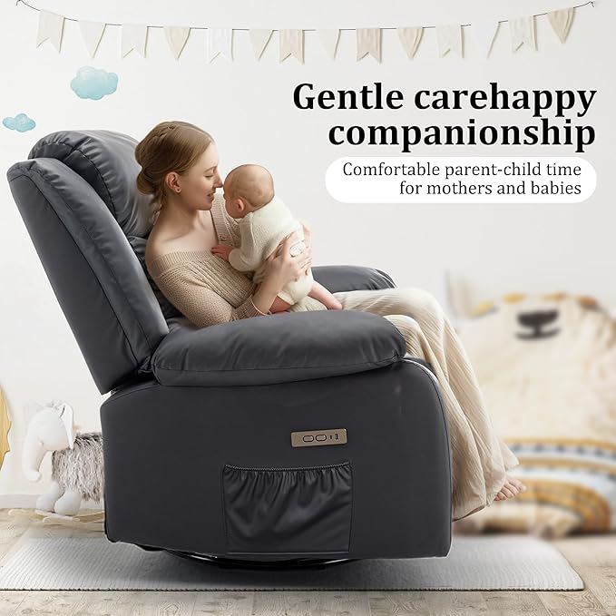 Power Recliner Chair Electric Rocker Recliner with Massage and Heat 270° Swivel Glider Oversized Wide Seat with USB Port Cashmere Nursery Chair for Living Room Black