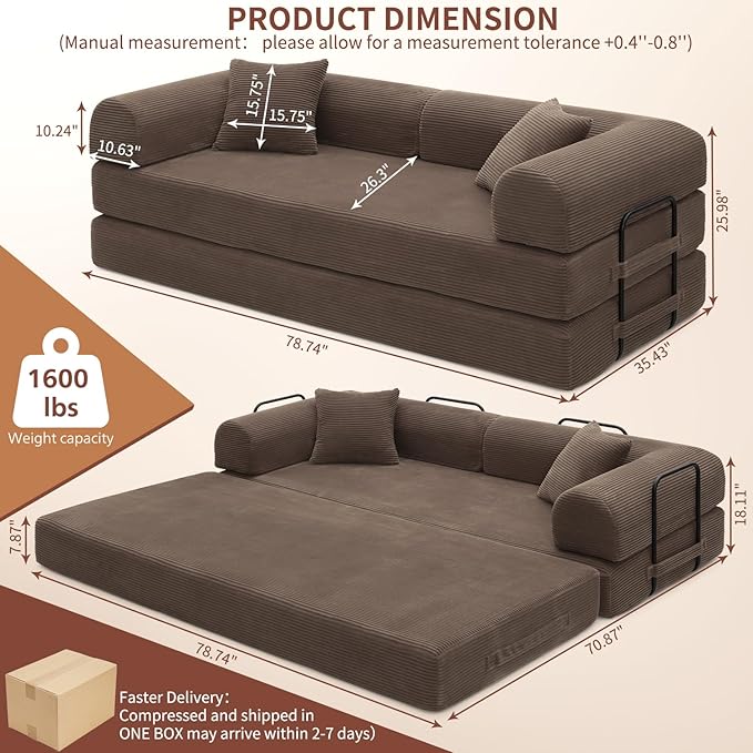 Convertible Sleeper Sofa Bed 1600lbs Weight Capacity Floor Sofa Bed with Fixed-Shape Frame Corduroy Foldable Couch for Small Space Lounge Mattress for Living Room Apartment Game Room (Brown)