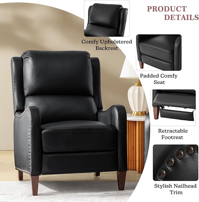 HULALA HOME Genuine Leather Recliner Chair Modern Push Back Recliner Armchair with Thick Seat Backrest &amp Footrest Nailhead Decor for Living Room Bedroom Black