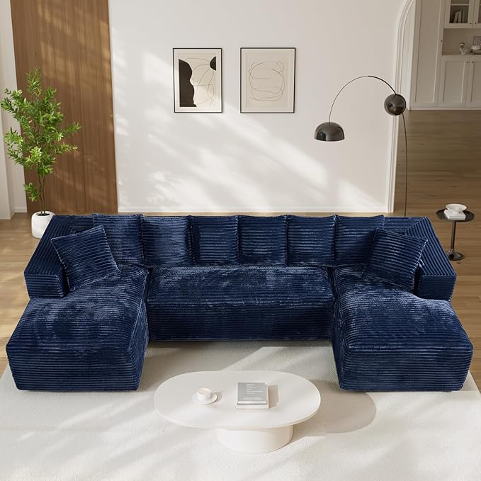 131 Oversized U Shaped Cloud Sectional Couches for Living Room Comfy Fluffy Corduroy Blue Boneless Sectionals Couch Plush Memory Foam Modular Sectional Sofa with Double Chaise- 20 High Seat