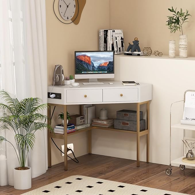 Tangkula Corner Desk with 2 Drawers &amp Built-in Charging Station 90 Degrees Triangle Corner Computer Desk for Small Space Bedroom Makeup Vanity Desk with Storage Shelves Corner Desk (Gold &amp
