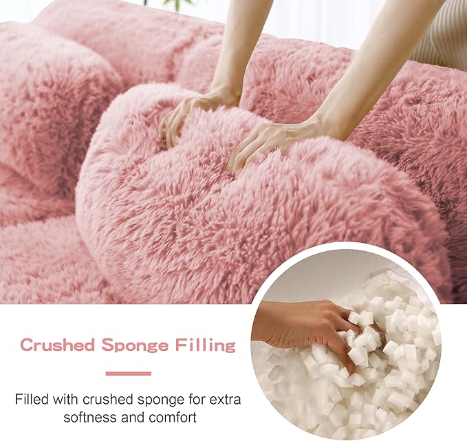 114.7”Boneless Cloud Couches Soft Fluffy Plush Fabric Modular Sectional L Shaped Sofa Couch with Ottoman 3-Seater Pink Couches Comfy Sofa for Living Room