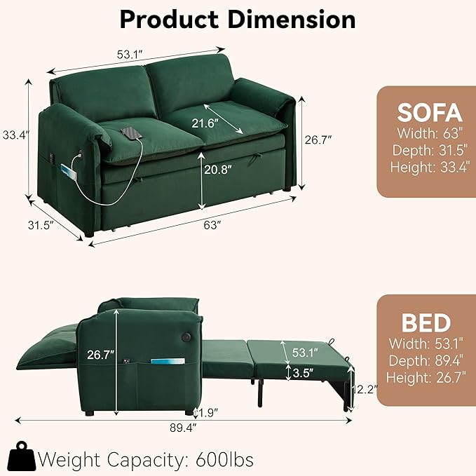 63 Velvet 3 in 1 Convertible Sleeper Sofa Bed Pull Out Couch Bed Loveseat with Adjustable Backrest Chaise Lounge USB Port &amp Side Pocket Modern Sofa for Living Room Small Spaces Green