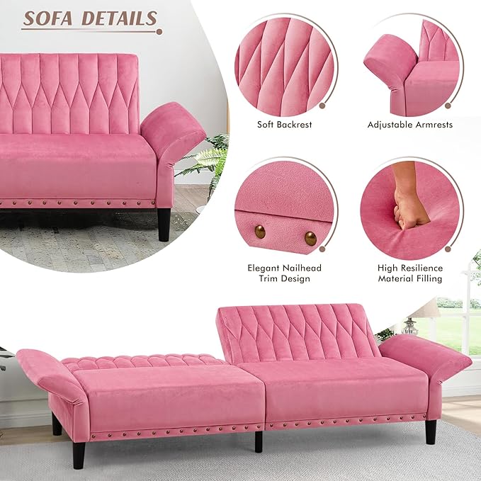 77” Velvet Sofa Bed with Adjustable Armrests and BackrestsTufted Convertible Futon Couch with Nailhead Trim Loveseat Modern Velvet Sleeper Sofa for Living RoomBedroomOfficePink