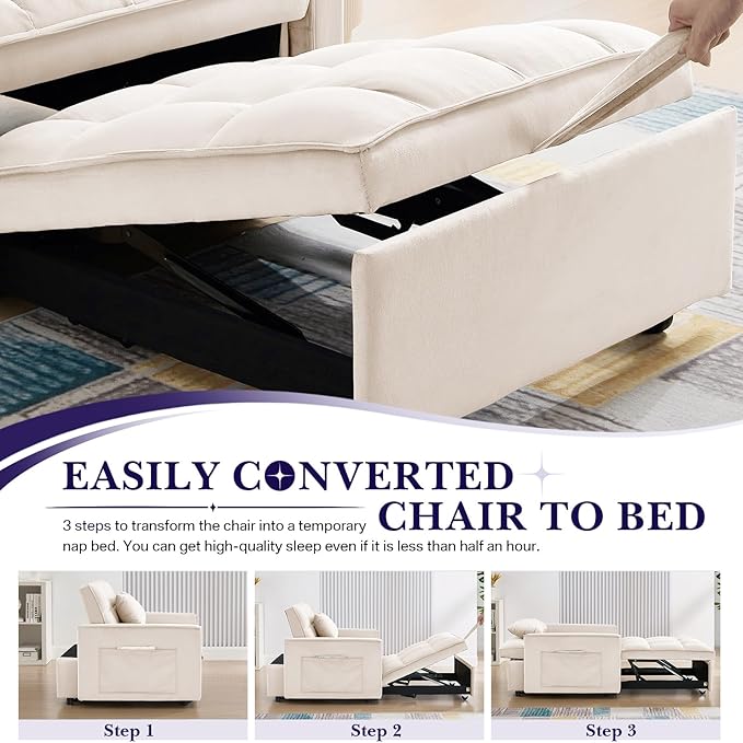 Antetek Sleeper Sofa Chair Bed Convertible Velvet Single Pull Out Sofa Chair Modern Tufted Living Room Reading Chair with Adjustable Backrest/Pillow for Small Spaces Apartment Office Beige