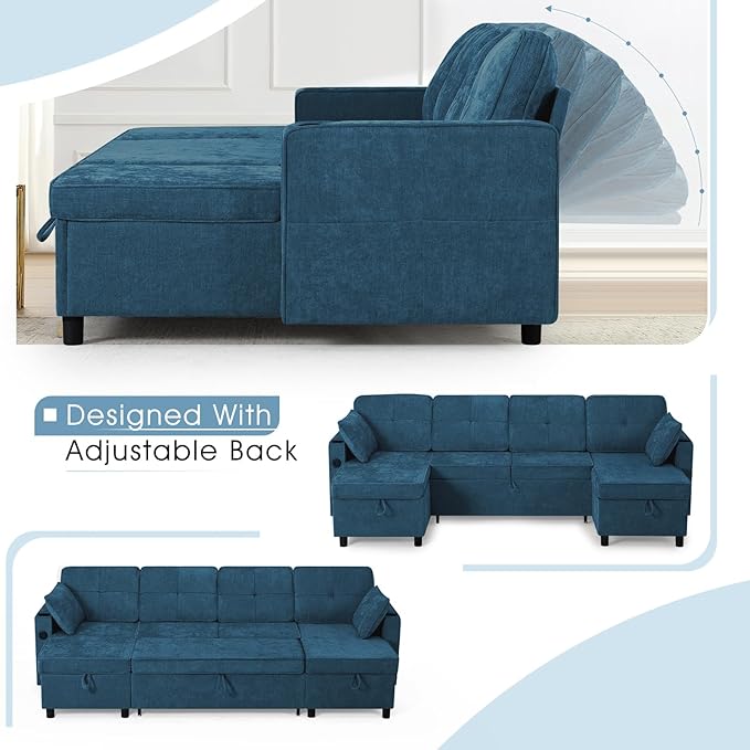 110 Inches U Shaped Sofa w/Adjustable Back &amp Pull-Out Sofa Bed Chenille Tufted Sectional Couch w/Storage Chaise &ampUSB Charging Port Modern Sleeper Couch w/Cup Holders for Living Room Blue