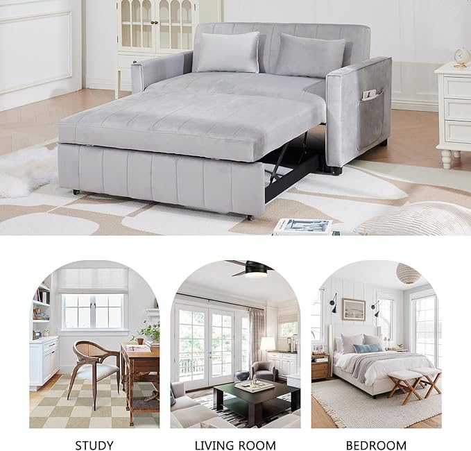 55.51 Convertible Sofa Bed 3-in-1 Sleeper Sofa with Pullout Velvet Couch Bed with Adjustable Backrest and Side Pocket &amp 2 Pillows Modern Futon Couch for Living Room Bedroom（Grey）