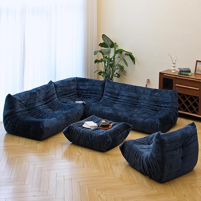 N&ampV Fireside Chair Mid Century Armless Floor Sofa Soft Premium Chenille Floor Lounge Chair Foam Sofa Accent Chair for Living Room Bedroom and Office (Blue Loveseat)