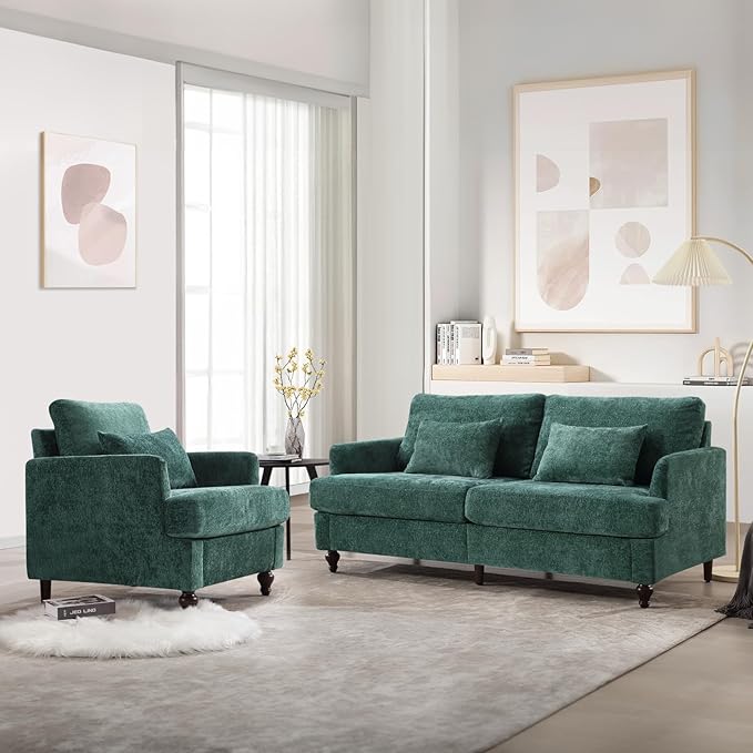 KINFFICT Modern Accent Chair for Living Room Upholstered Single Sofa Chair with Lumbar Pillow Comfy Armchair with Thickened Cushion Living Room Chairs for Bedroom Office Emerald Chenille