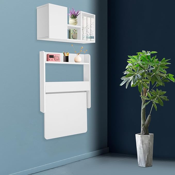 LOYALHEARTDY Wall-Mounted Computer Desk Floating Office Desk with Foldable Tabletop Fold-Up Desktop Writing Desks with Shelves &amp Storage for Home Office and Study Small Spaces (White)